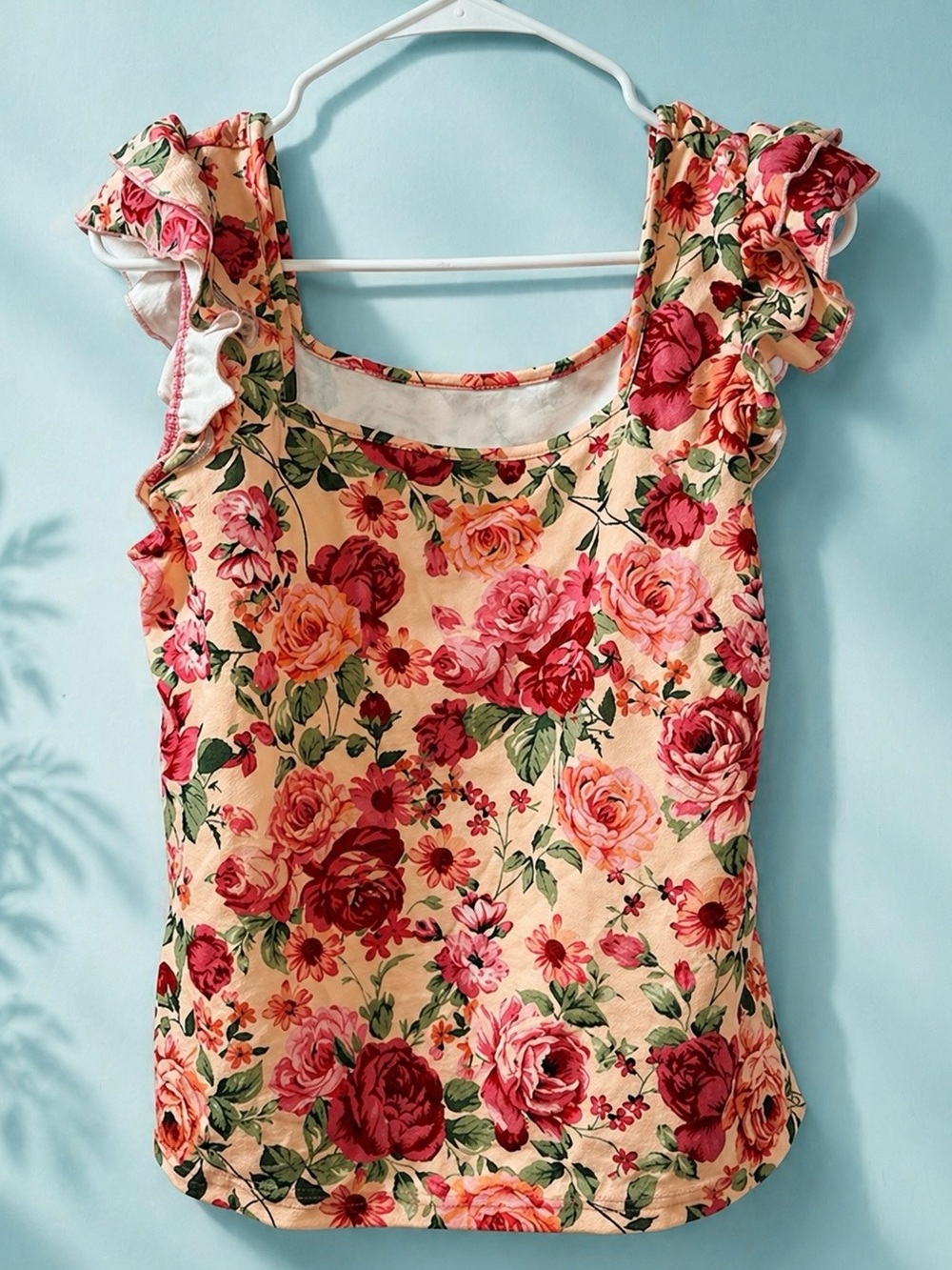 Floral Ruffle Sleeve Top – Soft Peach & Rose Print, Lightweight Summer Blouse